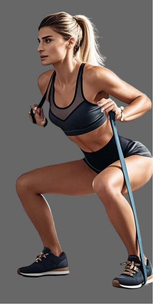 Woman exercising with resistance bands in a gym setting, with icons and text about various exercises.