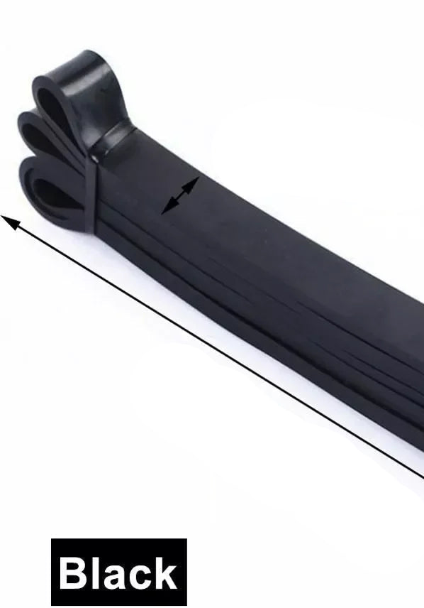 Black resistance band with measurements on a white background