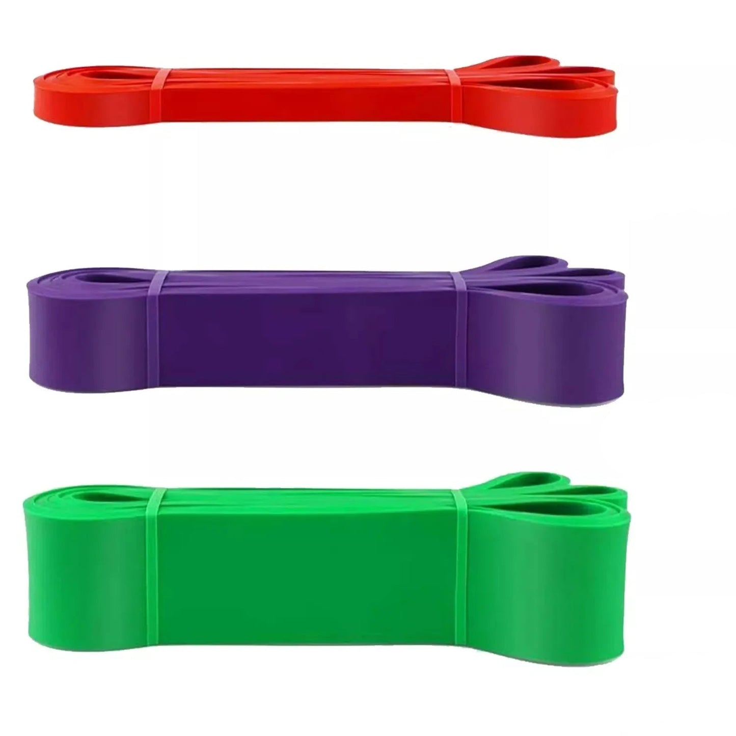 Three resistance bands in red, purple, and green with weight ranges on a white background.