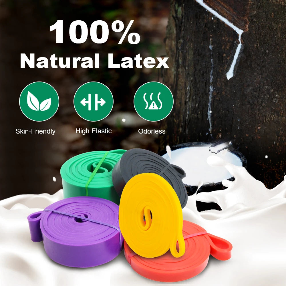 Colourful latex bands with '100% Natural Latex' text and icons on a blurred background.