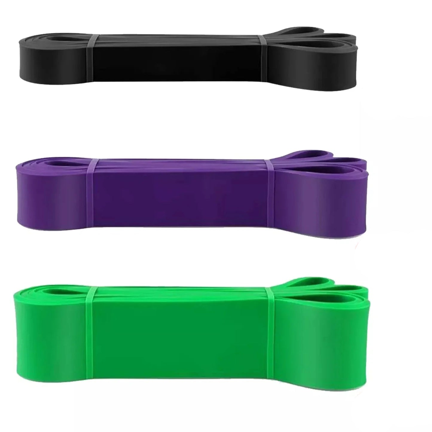 Three resistance bands in black, purple, and green with weight ranges on a white background.