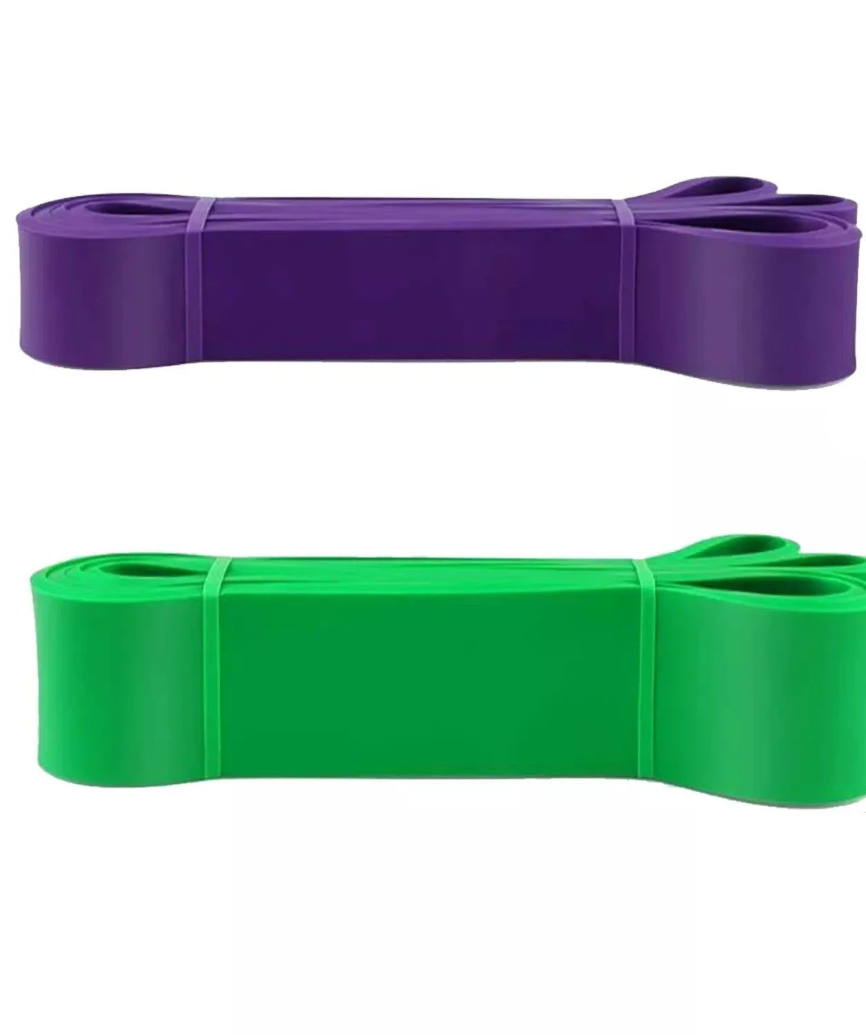 Purple and green resistance bands on a white background