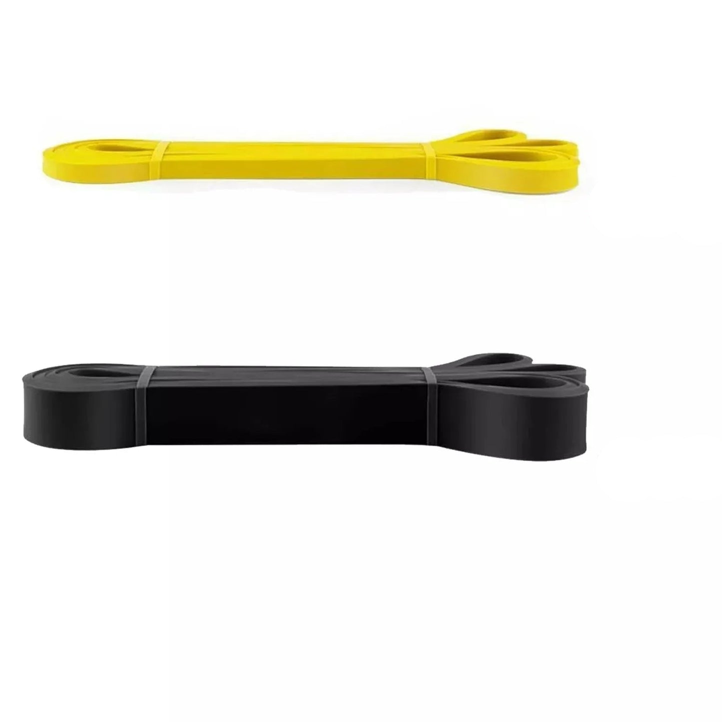 Yellow and black resistance bands with weight capacity labels on a white background