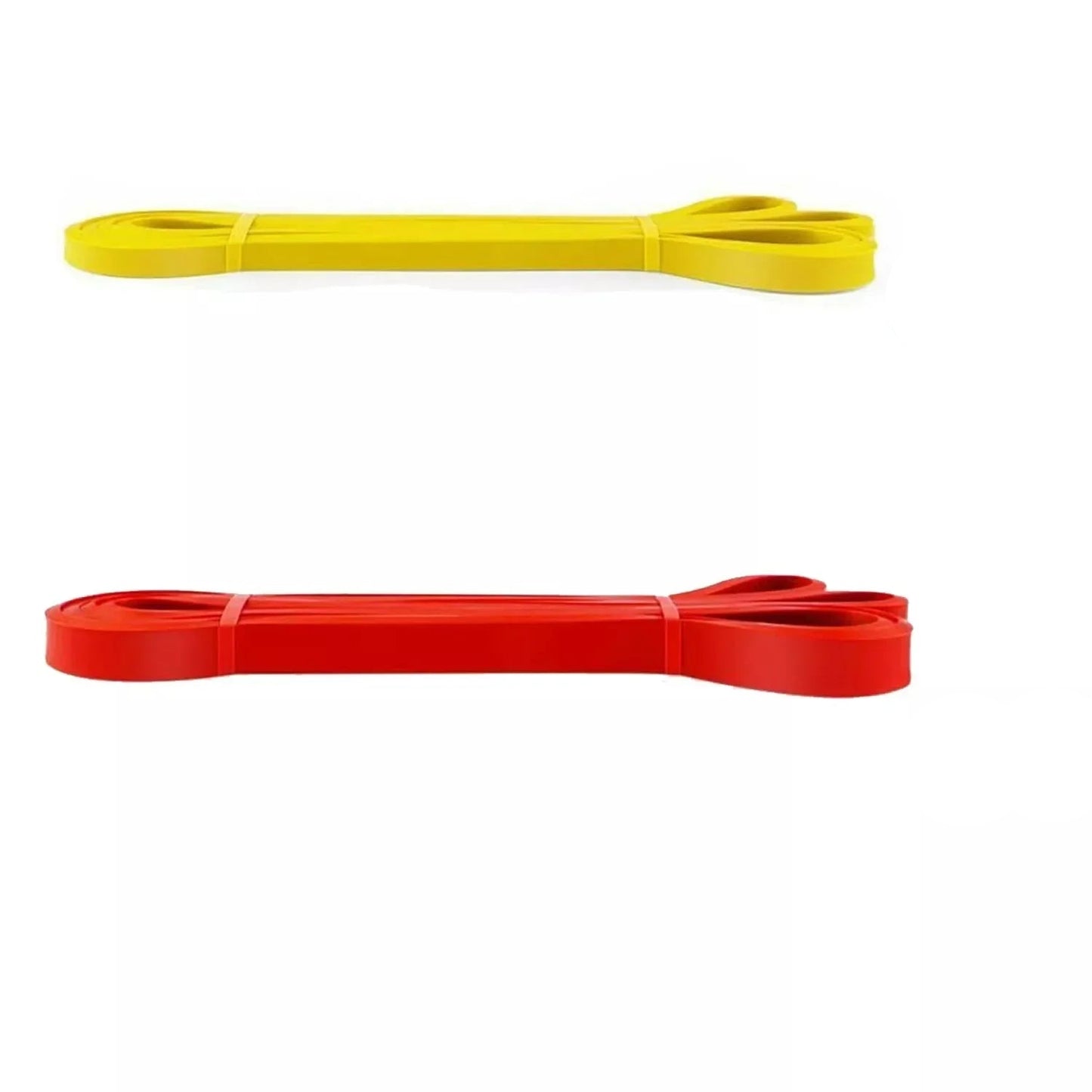 Yellow and red resistance bands with weight capacity labels on a white background