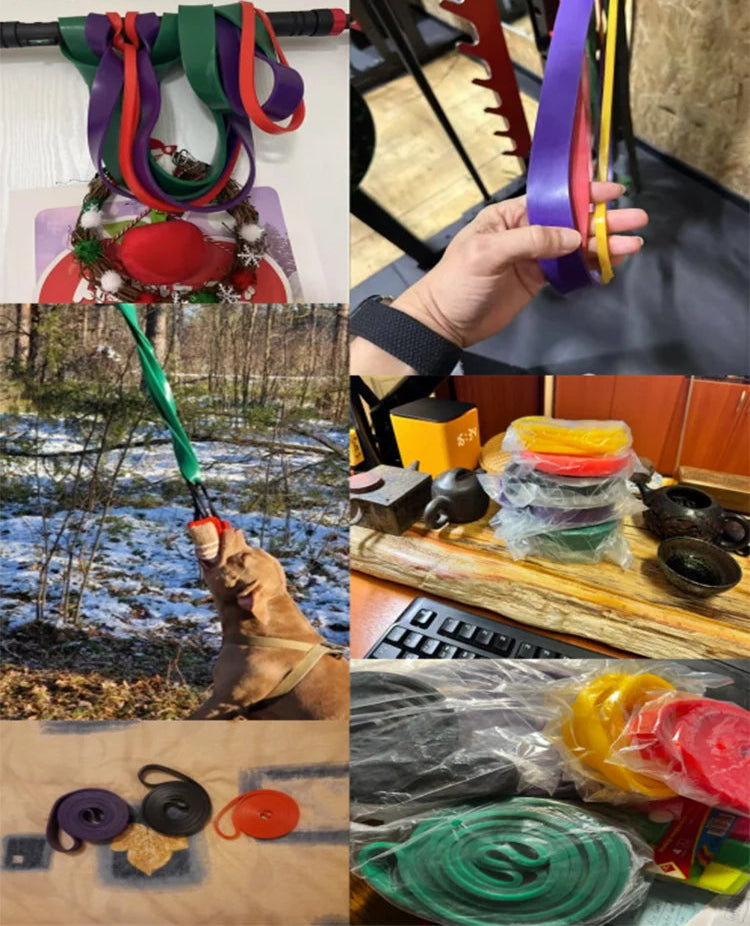 Collage of colorful slingshots in various settings